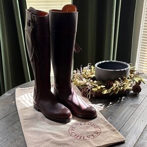 Penelope Chilvers Burgundy Tall Leather Riding Boots with Tassel